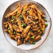 Indo Chinese Chilli Garlic Potatoes in a bowl.