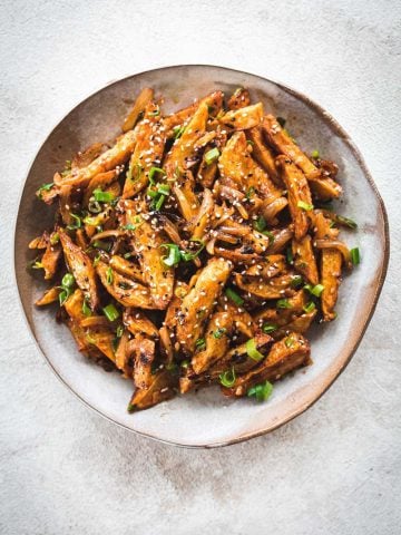 Indo Chinese Chilli Garlic Potatoes in a bowl.