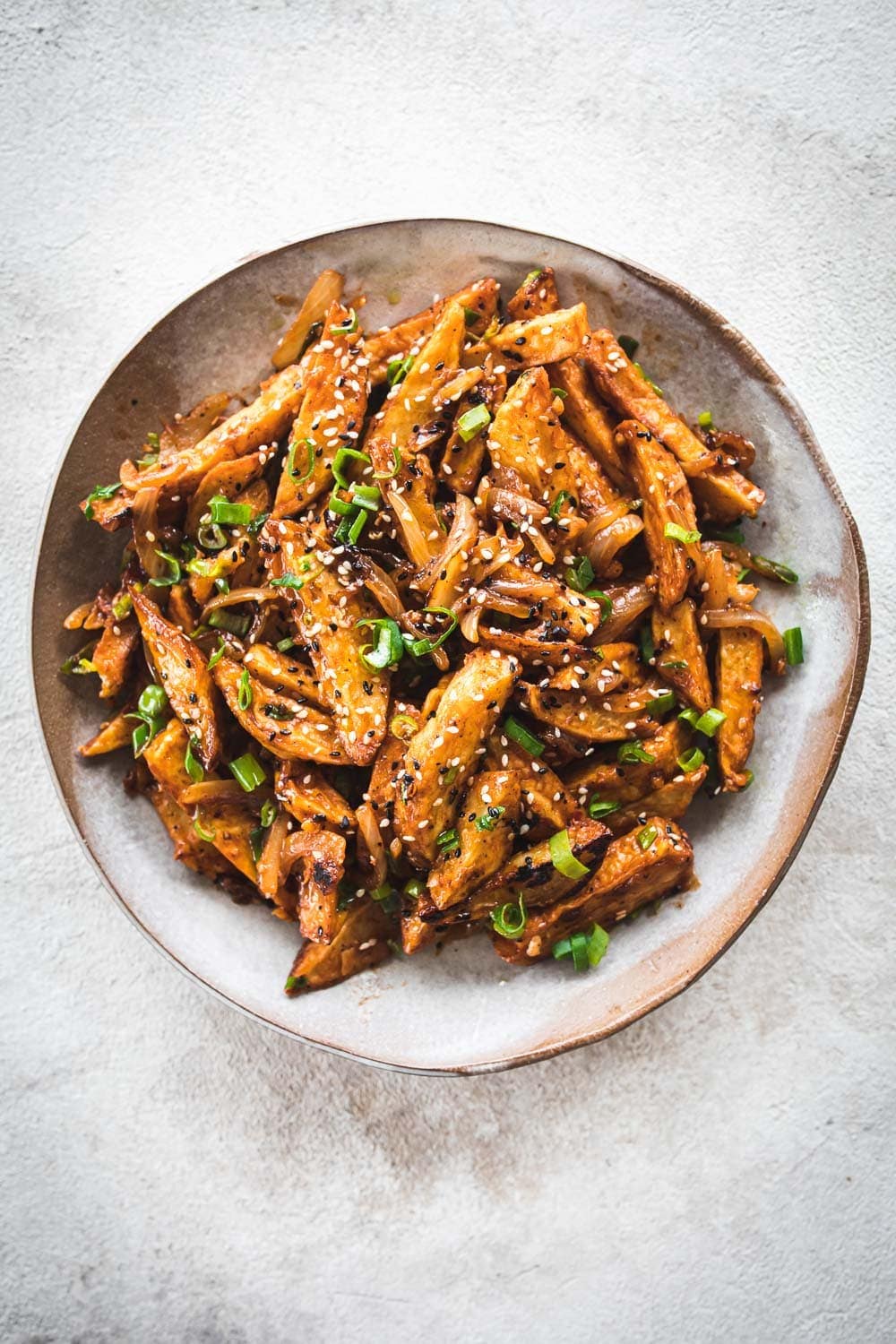 Indo Chinese Chilli Garlic Potatoes in a bowl.