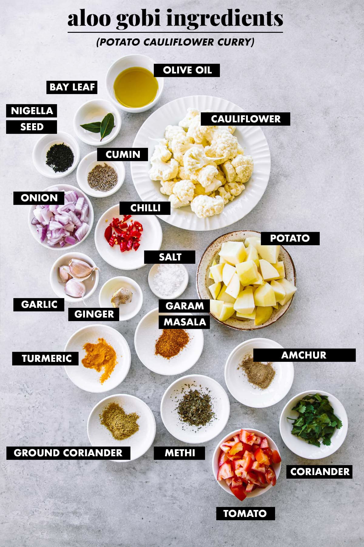 Aloo Gobi ingredients measured in bowls and labeled.