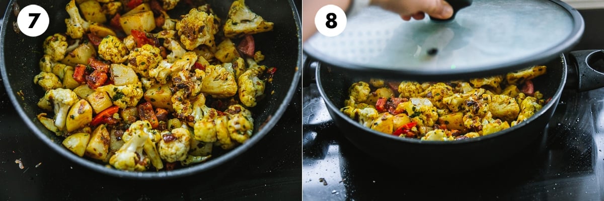 Mix everything well until spices coat potato and cauliflower, then cover and cook the curry.
