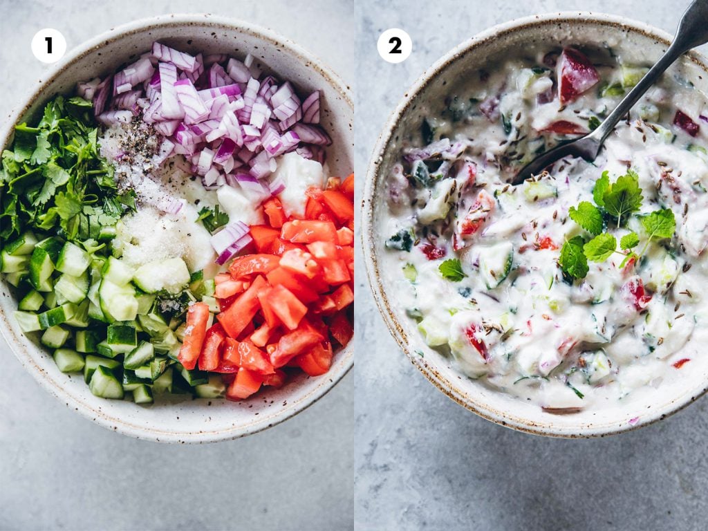 Add chopped vegetables, yoghurt, herbs, seasoning to a bowl and mix to make Indian Raita