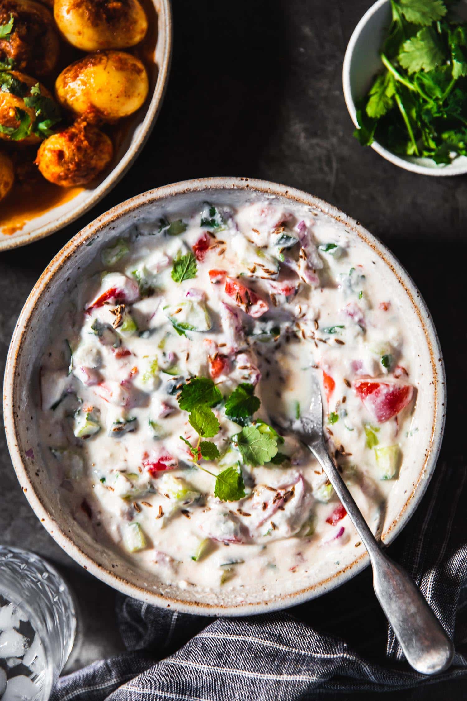Mixed vegetable Indian raita served cold in a bowl for dinner