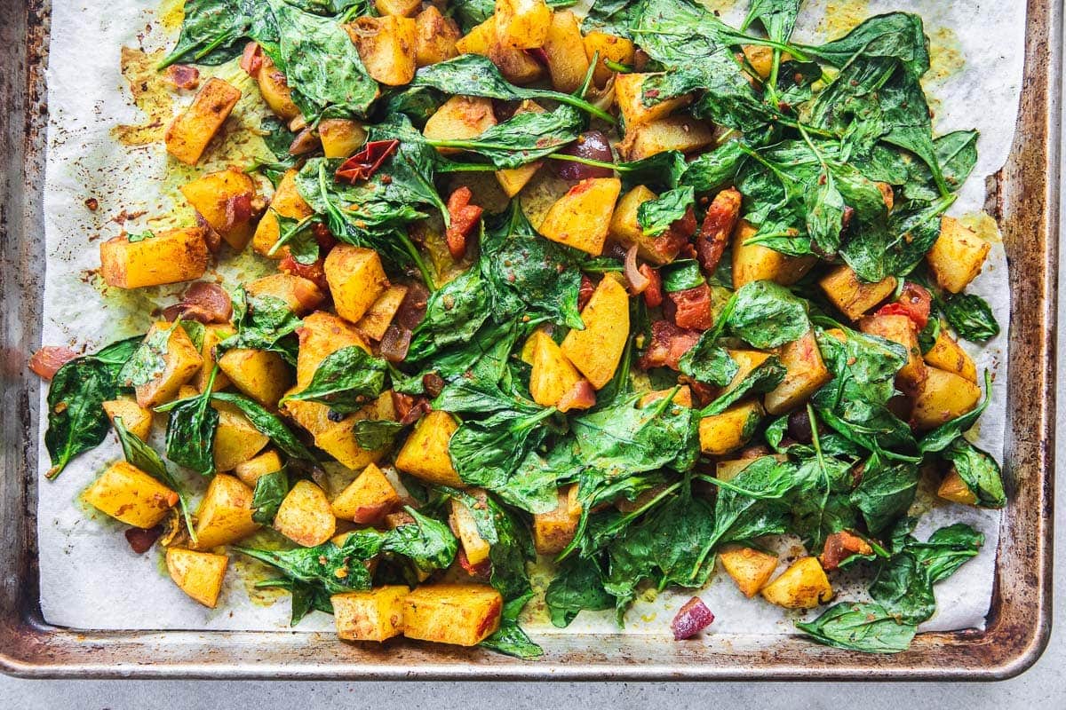 Mix and bake for a further 5 minutes until spinach is wilted.