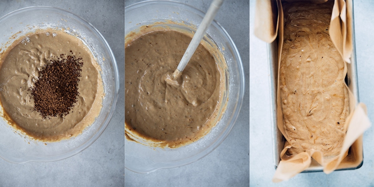 Step 6 - Add instant coffee to the batter. Mix gently with a spoon until just combined. Pour batter into a lined loaf tin.