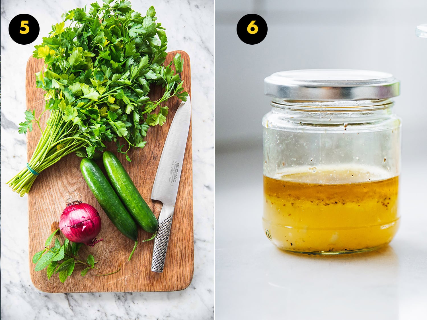 Chop vegetables and herbs for the Jennifer Aniston Salad and make dressing in a lidded glass jar