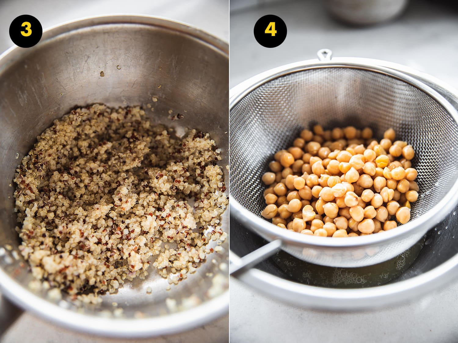 Cook quinoa in a pot and rinse and drain canned chickpeas