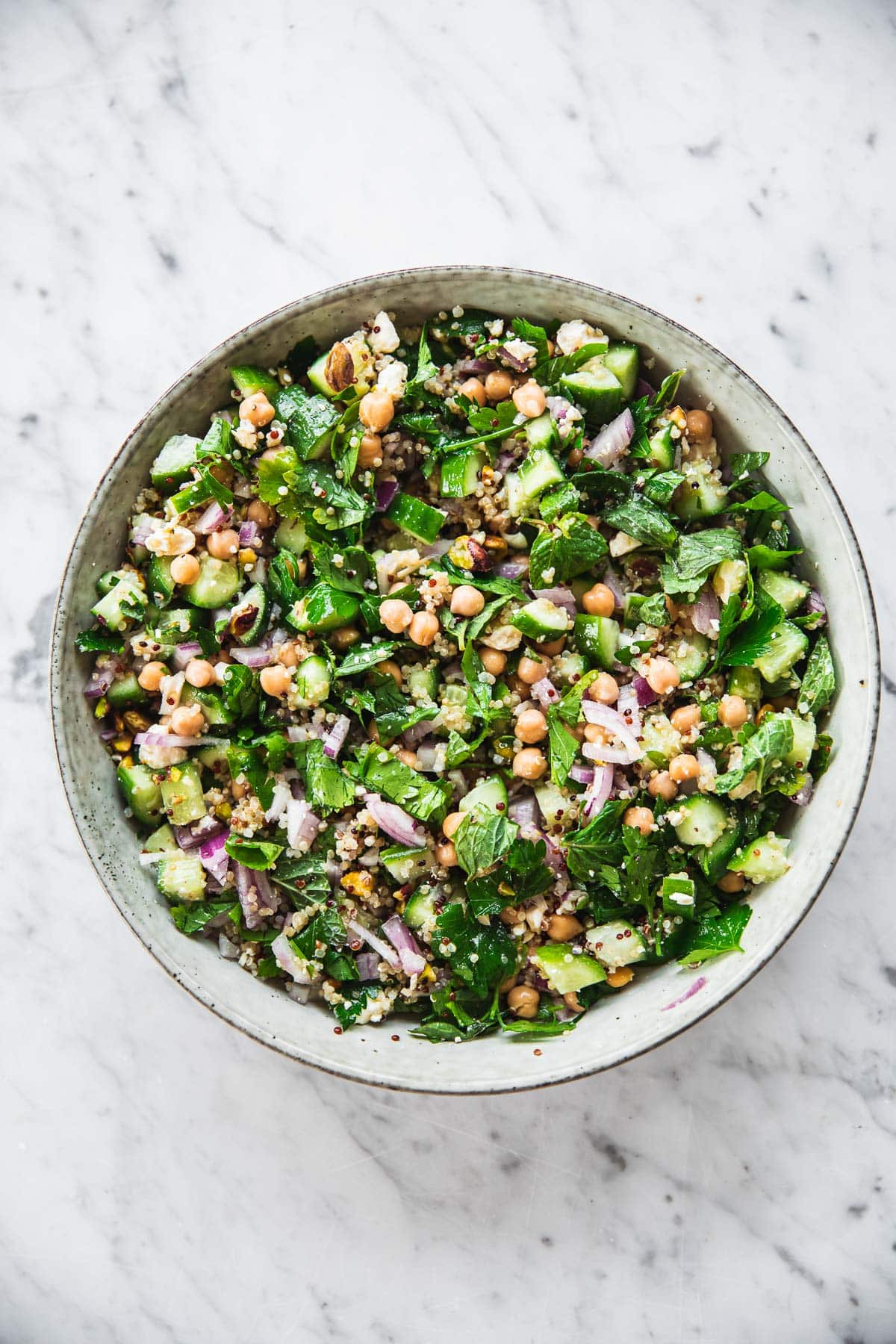 Prepped and tossed Jennifer Aniston Salad in a bowl.