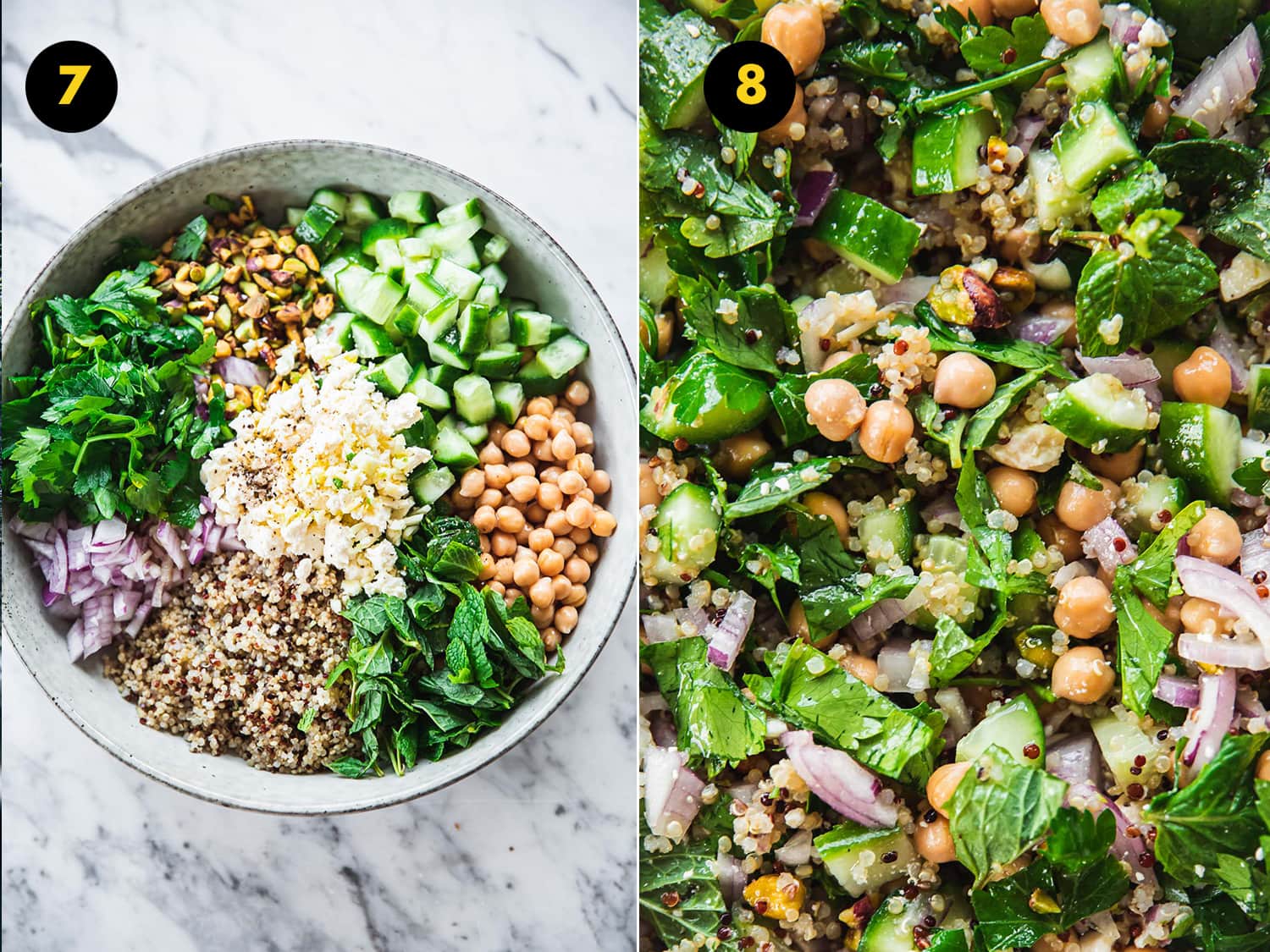 Ajouter les ingrédients de la salade Jennifer Aniston dans un grand bol avec la vinaigrette et bien mélanger