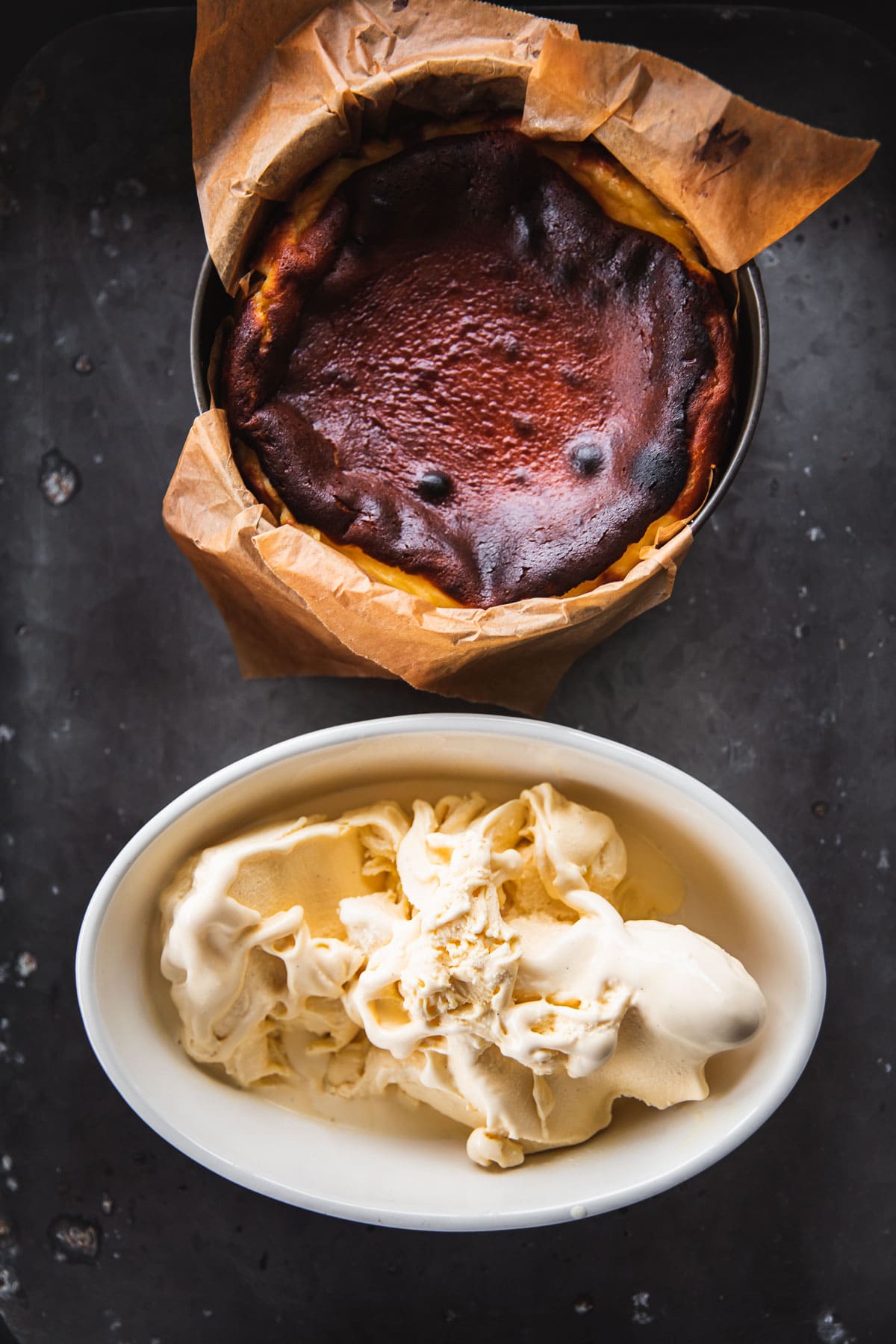 Burnt Basque Cheesecake and a bowl of Italian Gelato on a table