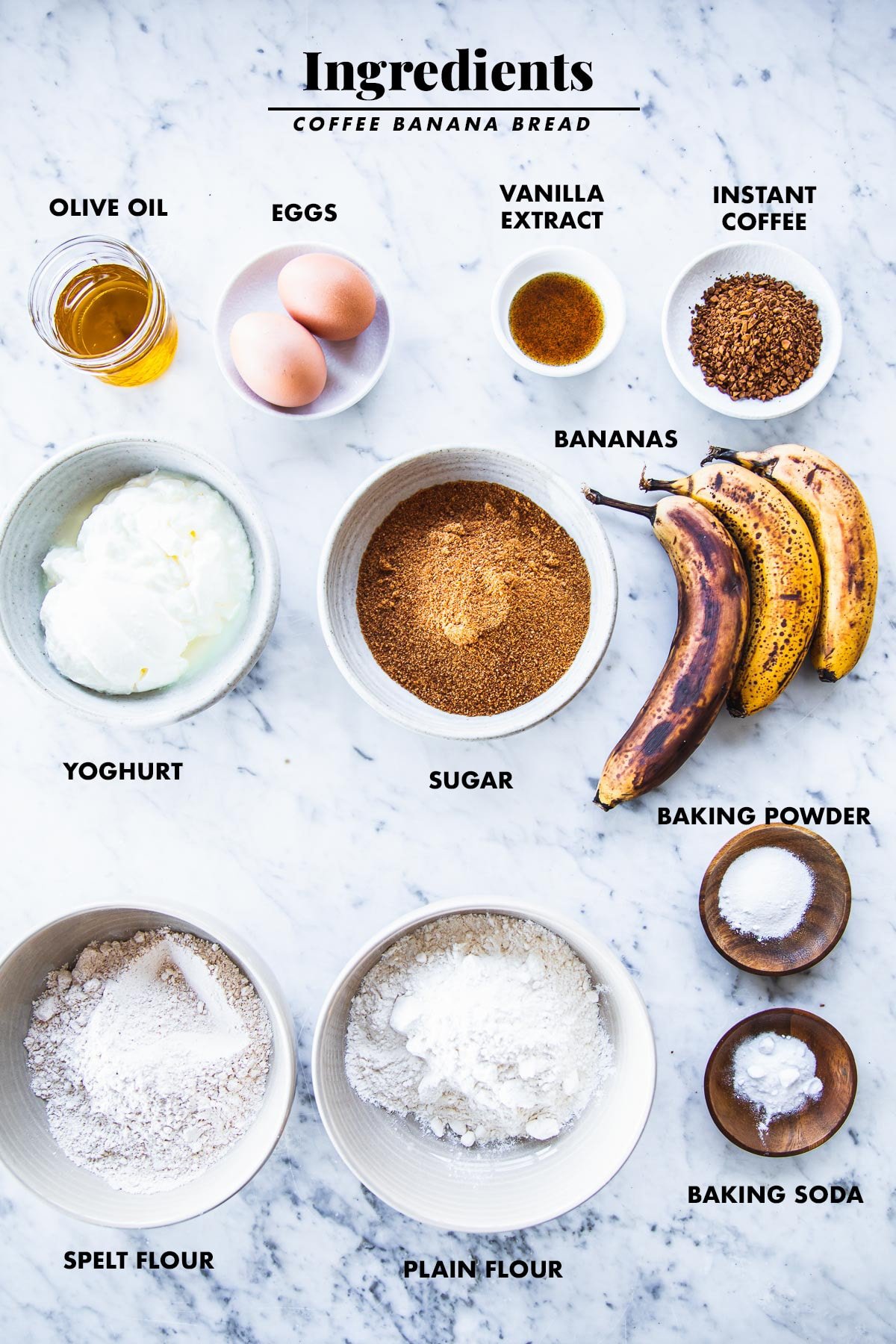 Coffee Banana Bread ingredients measured out in bowls on a table top.