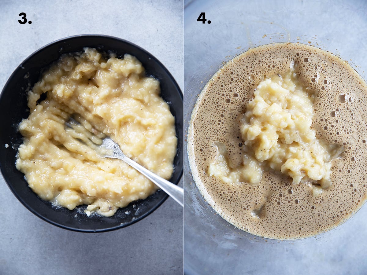 Mash bananas with a fork until smooth and mix in the batter.