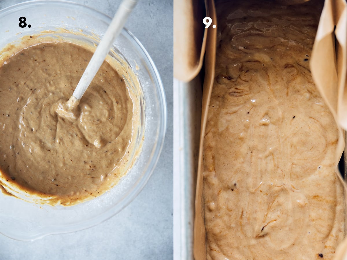 Mix coffee banana bread batter, pour in loaf tin and bake.