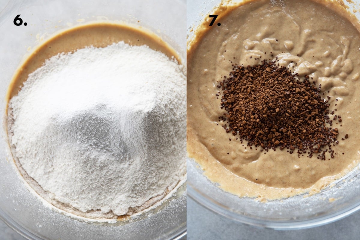 Mix flours, baking soda and coffee in the batter.