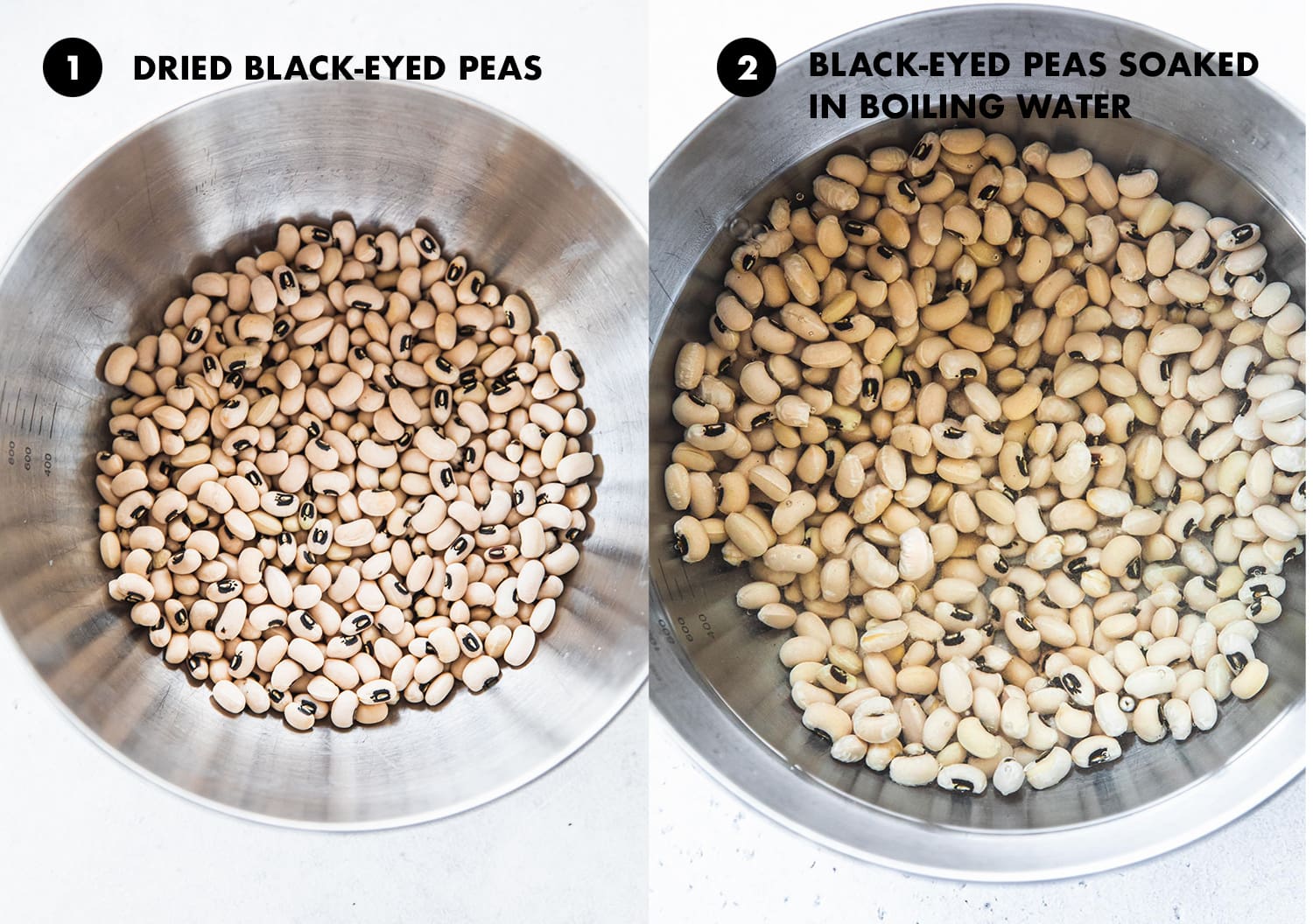 Soak dried black-eyed peas in boiling water in a bowl.