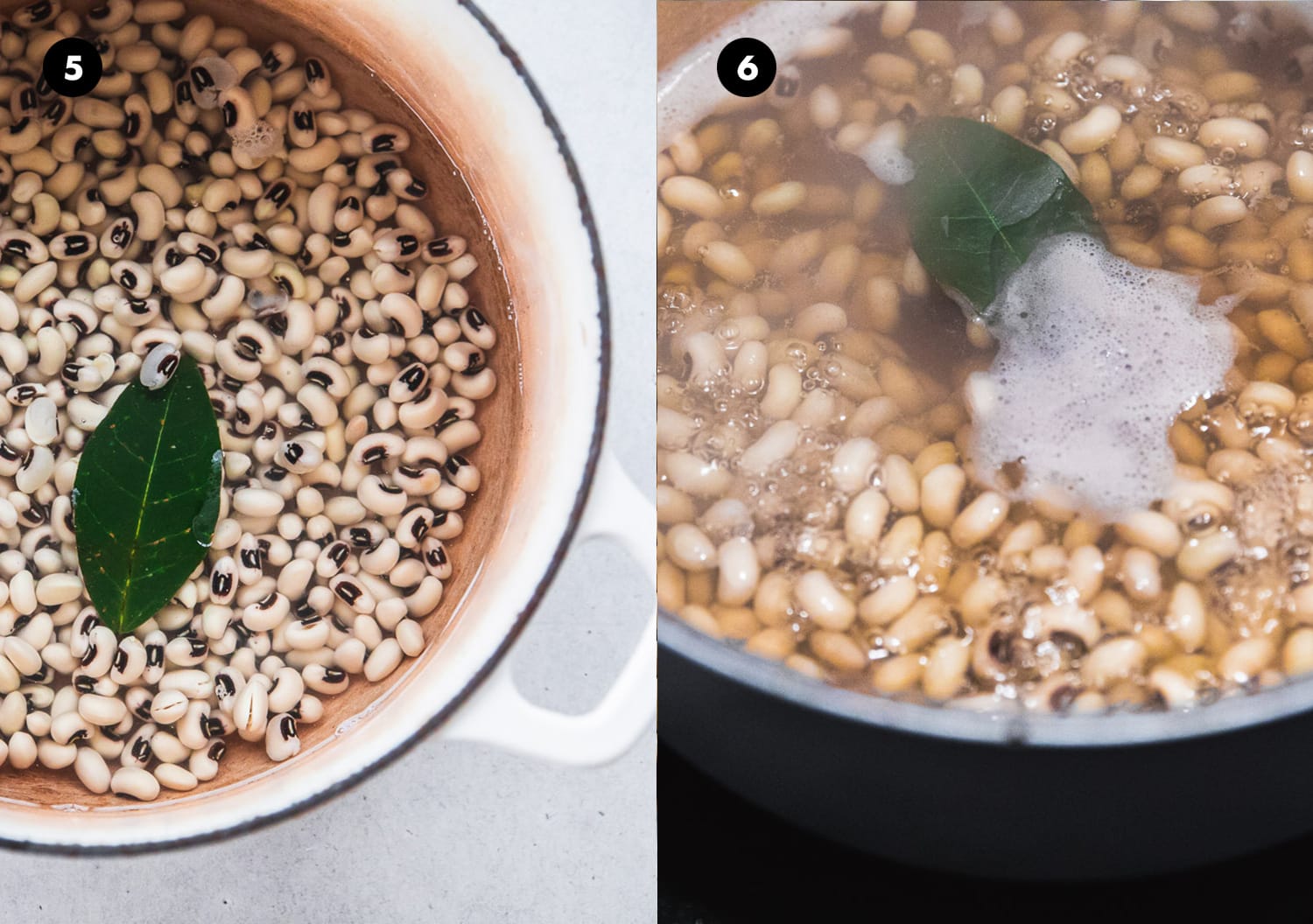Cook soaked black-eyed peas with bay leaf and salt in rapid boiling water on stove