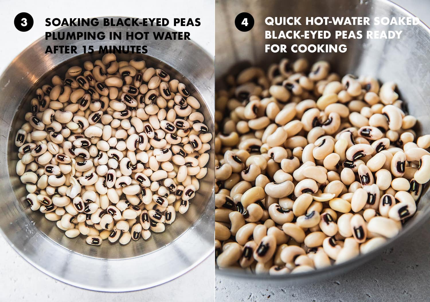 Quick hot-soak method to plump black-eyed peas in 15 minutes by soaking them in boiling water.