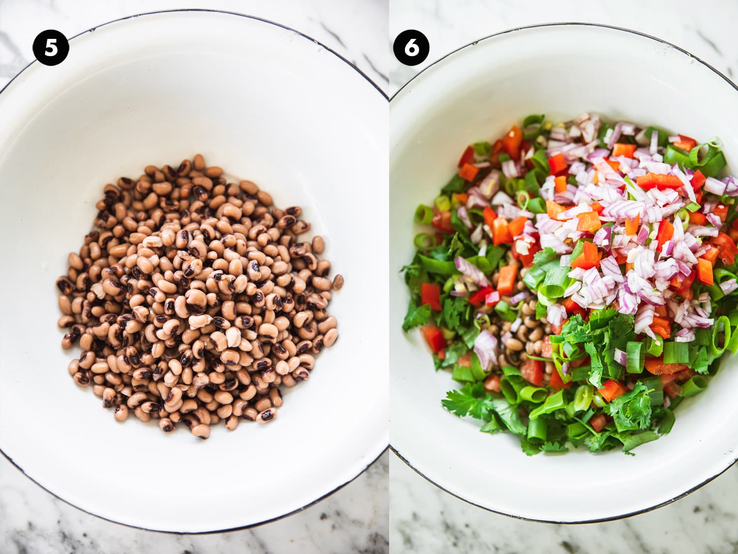 Mix cooked black eyed peas and chopped veggies and herbs in a bowl to make Texas Caviar Salad