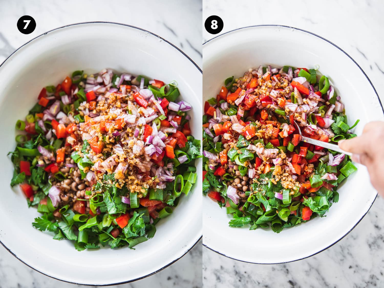 Mix Texas Caviar salad dressing with black eyed peas and chopped veggies and herbs in a bowl