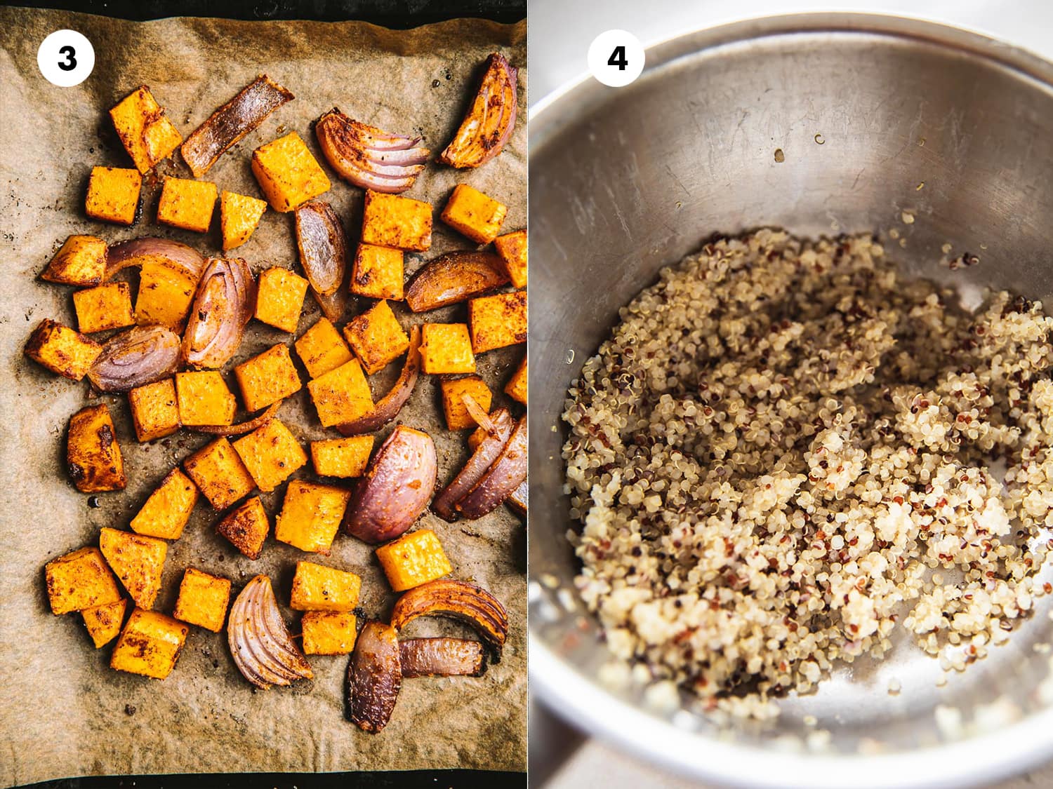 Roast pumpkin and onion in oven and cook quinoa on stove