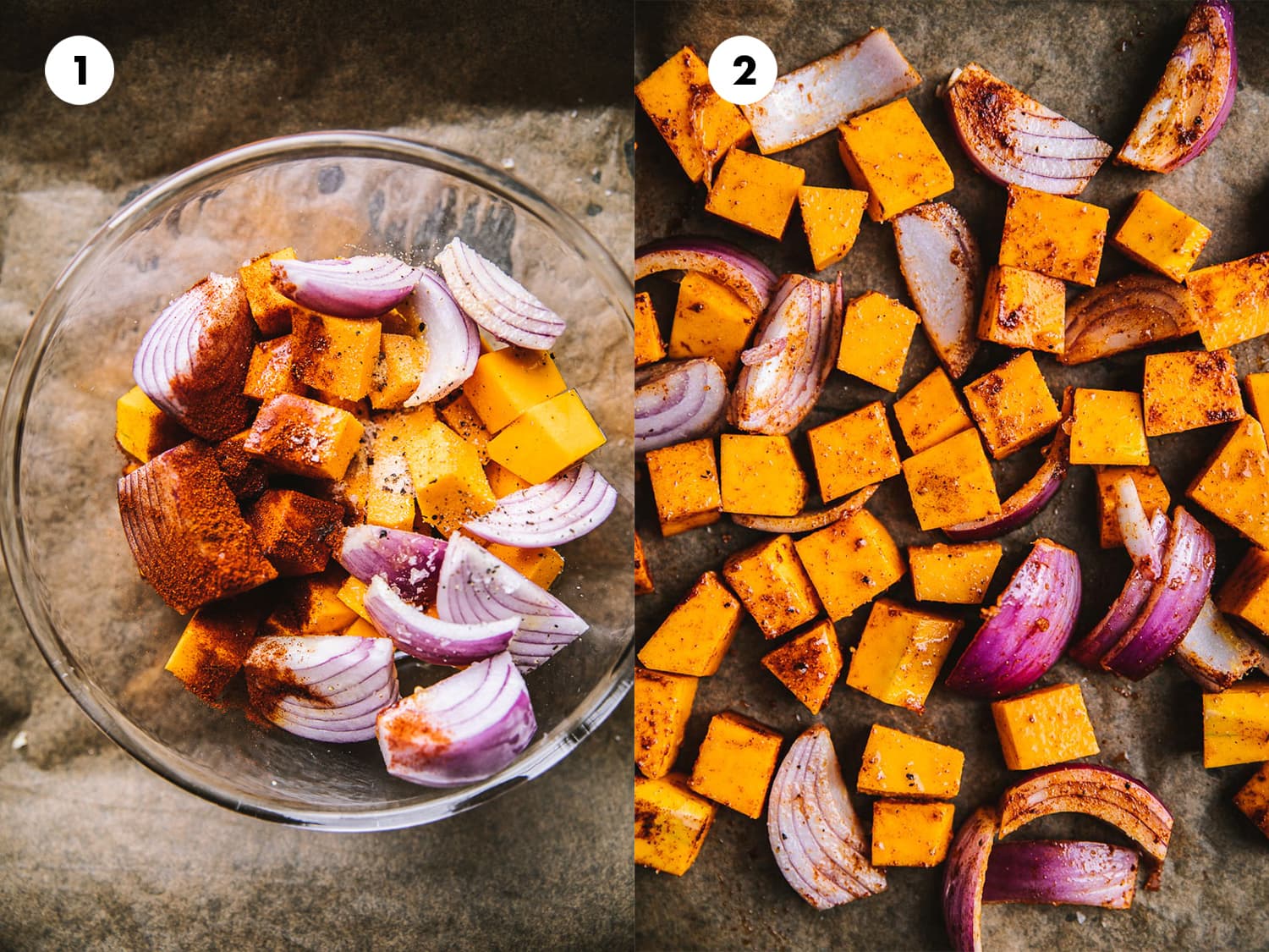 Cut pumpkin and onion, mix with spices and spread on baking tray
