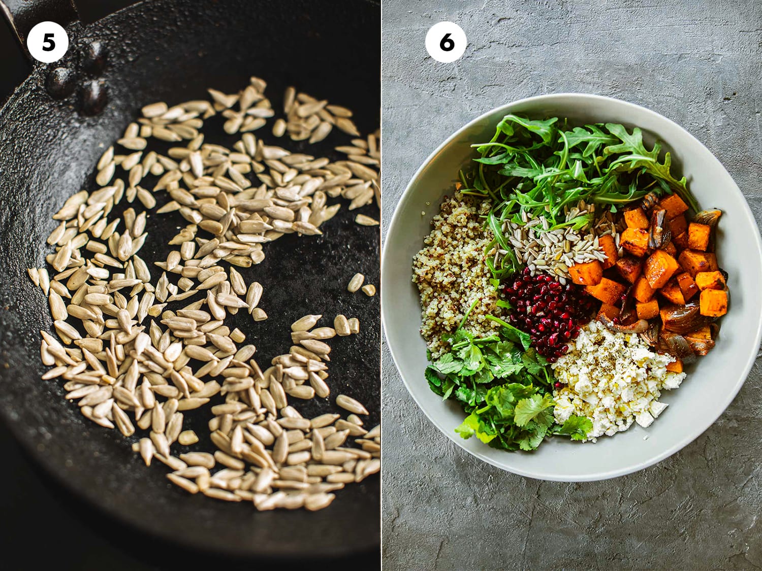 Toast sunflower seeds in a pan and assemble roast pumpkin salad by mixing all ingredients in a bowl.