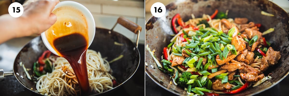 Add the stir-fry sauce, cooked chicken and spring onions to the wok.