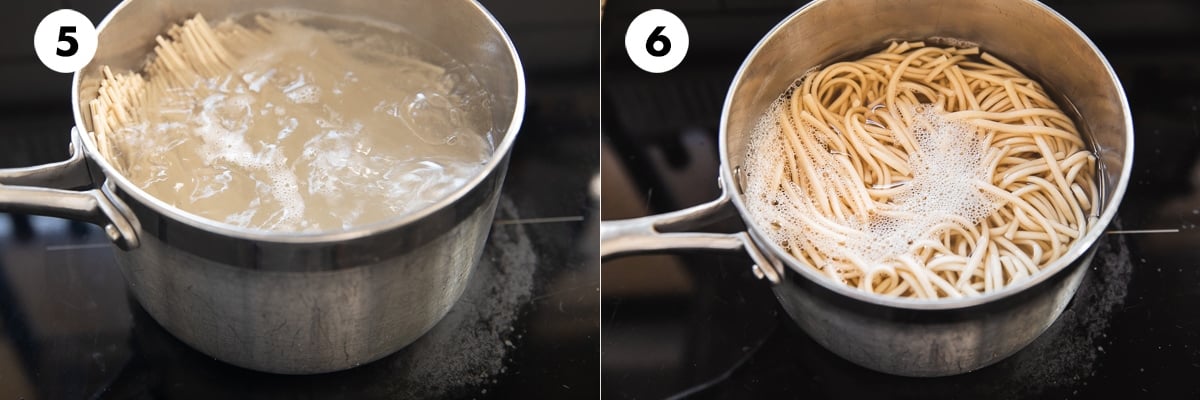 Cook udon noodles by dropping dry noodles in a pot of boiling water and cooking for 8 minutes.