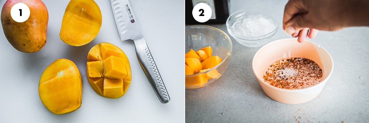 Prep mangoes by cutting and scooping flesh. Make chilli salt by mixing salt and Shichimi Togarashi in a bowl. 