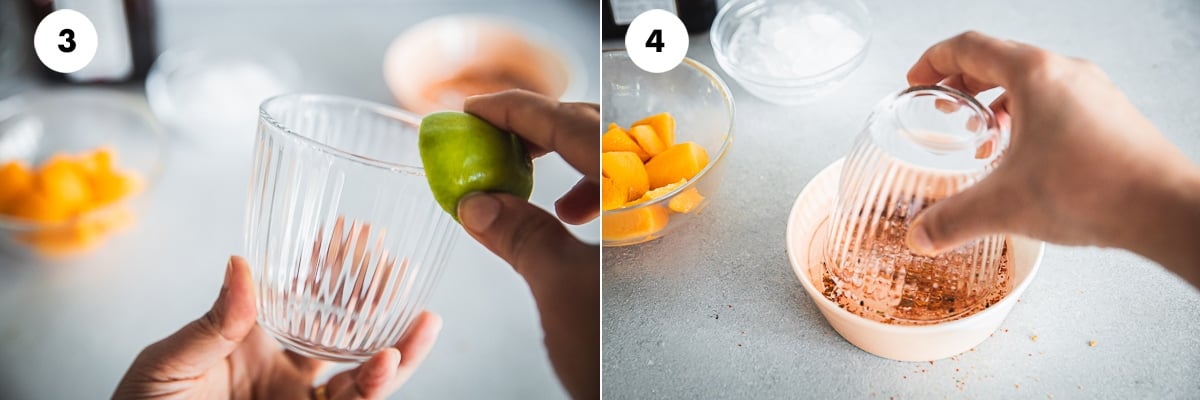 Runa lime wedge along the rim of a glass tumbler and dip the rim in the salt and Shichimi Togarashi mixture.