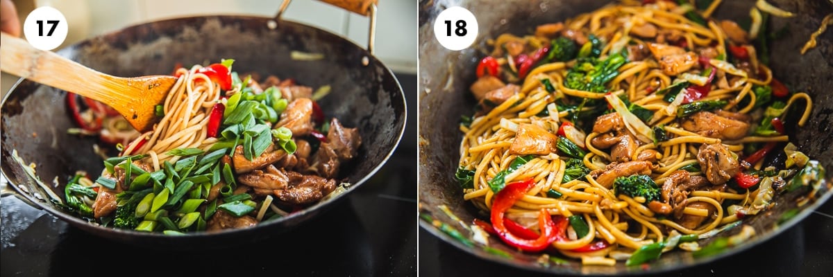 Stir-fry Chicken Udon Noodles on high heat, tossing and mixing constantly for a couple of minutes until evenly coated and heated through.