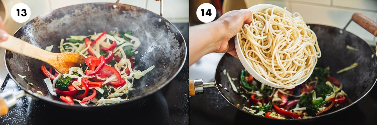 Stir-fry the veggies on very high heat for half a minute and add cooked udon noodles.