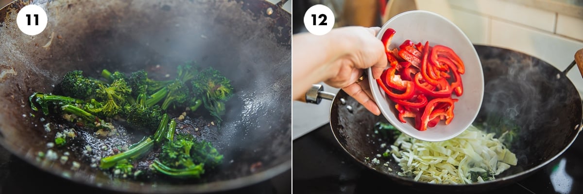 Stir-fry broccolini and garlic in a hot wok on high heat and add capsicum and cabbage.