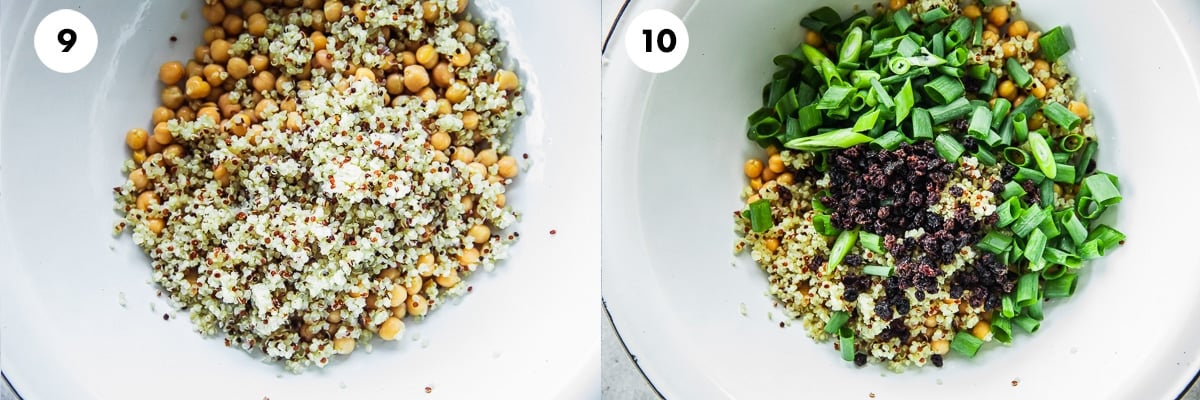 Add chickpeas, quinoa, spring onion and raisins to a large bowl.