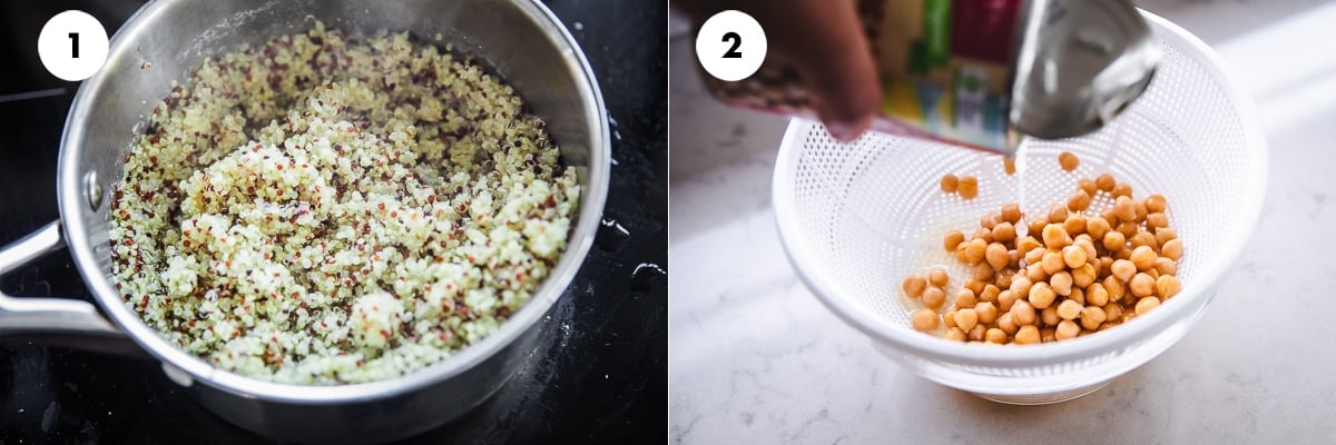 Cook quinoa in a pot and rinse and drain canned chickpeas.