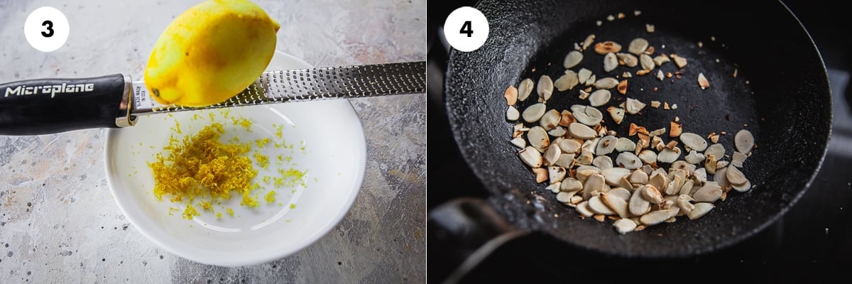 Juice and sezt the lemon and toast almond flakes in a small frying pan on low heat.