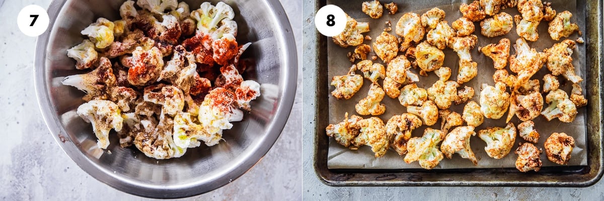 Marinate cauliflower in bowl with all the spices, then spread on a baking tray and roast in the oven.