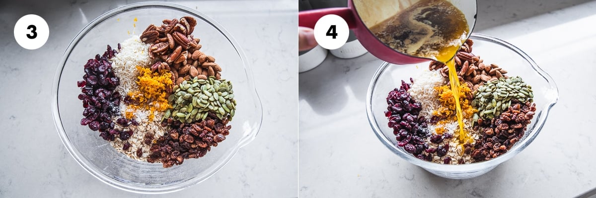 Add rolled oats, almonds, pecans, pepitas, cranberries, raisins, coconut, orange zest and salt to a bowl. Add the butter-maple syrup mixture to the bowl.