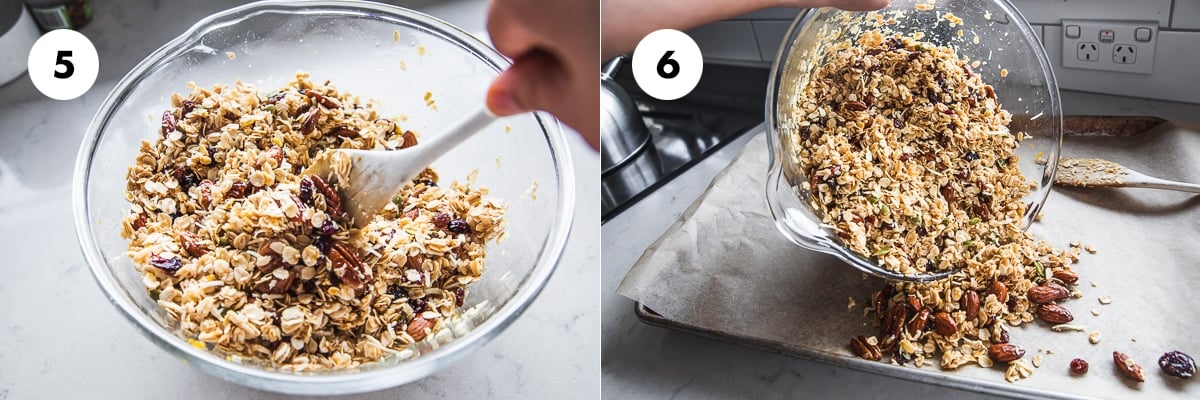 Mix all ingredients for the granola in a large bowl. Spread evenly on a large rimmed baking sheet.