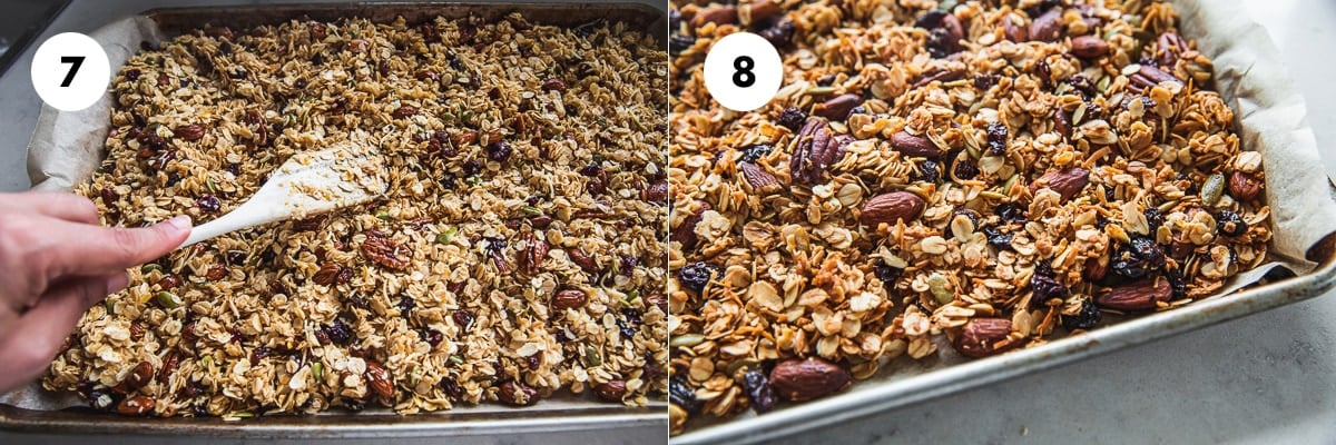 Press down the granola to compact it and bake in the oven until golden and crunchy.