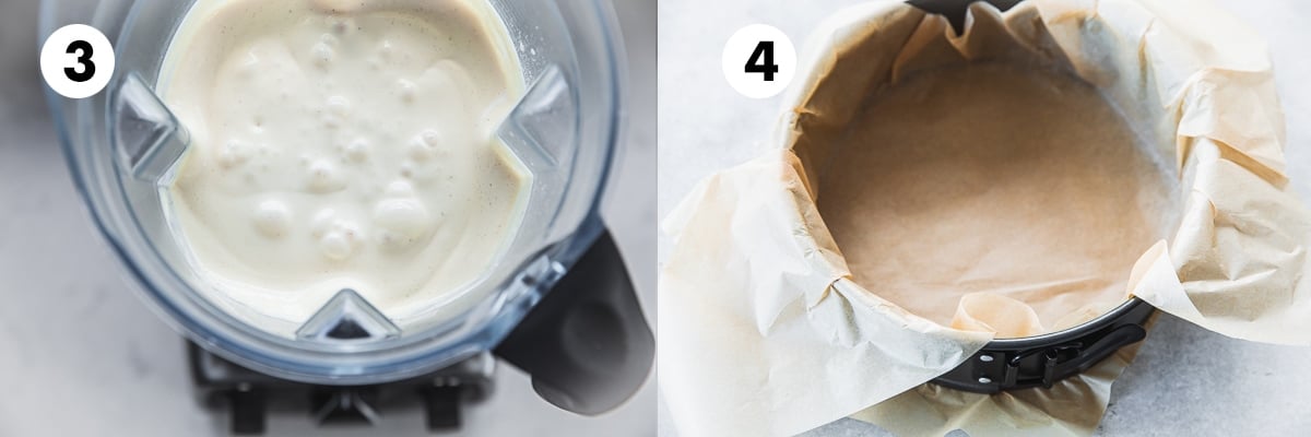 Blend until the cheesecake batter is very smooth and lump free. Line a round cake tin twice with baking paper, leaving plenty of paper overhanging.