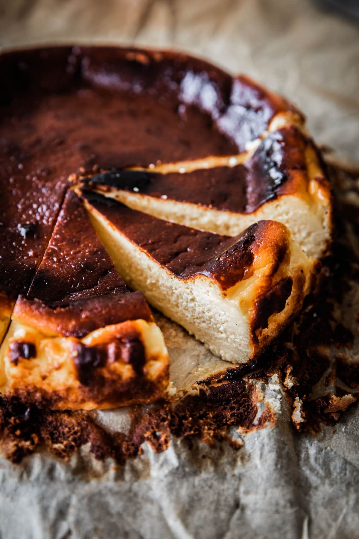 Cut slices of Burnt Basque Cheesecake.