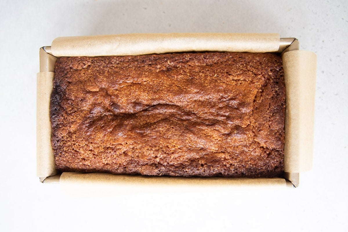 Baked lemon madeira cake in a loaf tin.