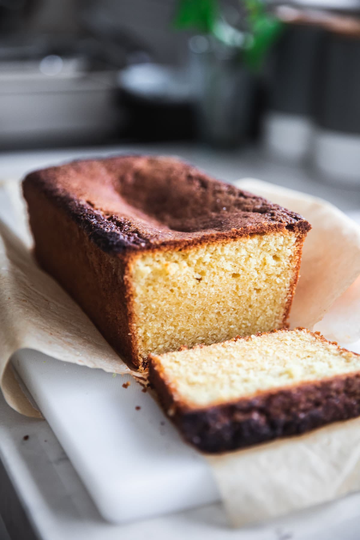 Slice cut from a lemon madeira cake.