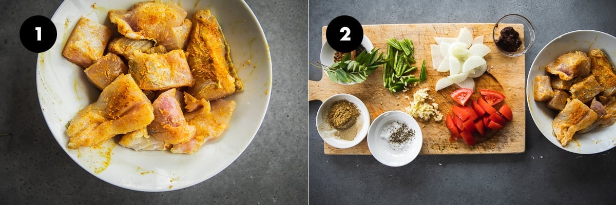Marinate fish with turmeric, lime and salt in a bowl. Gather all your ingredients.