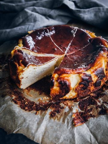 Burnt Basque Cheesecake slices on a baking paper.