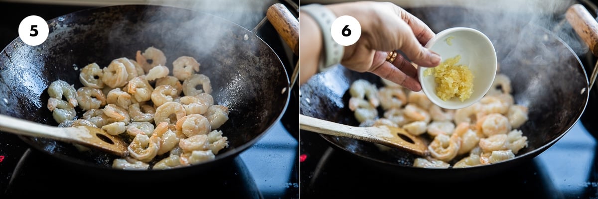 Stir-fry prawns and garlic in a hot wok.
