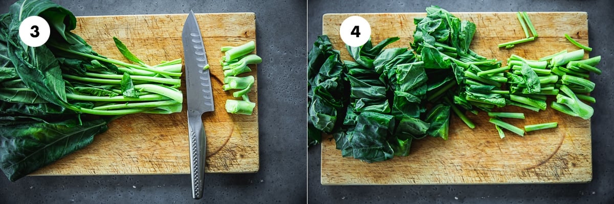 Prep and chop gai lan (Chinese broccoli).