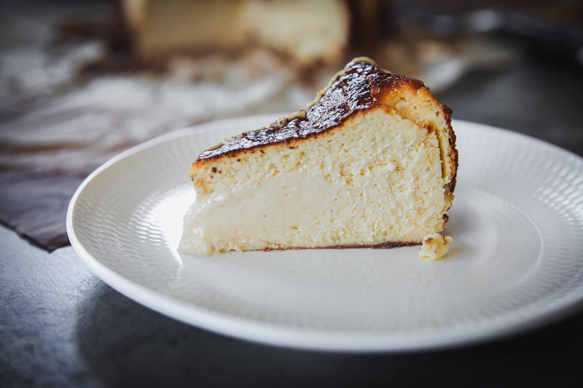 Slice of molten burnt basque cheesecake.