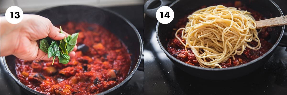 Add basil and stir. Add pasta, mix well and cook for a few minutes until heated through and eggplant is really tender.